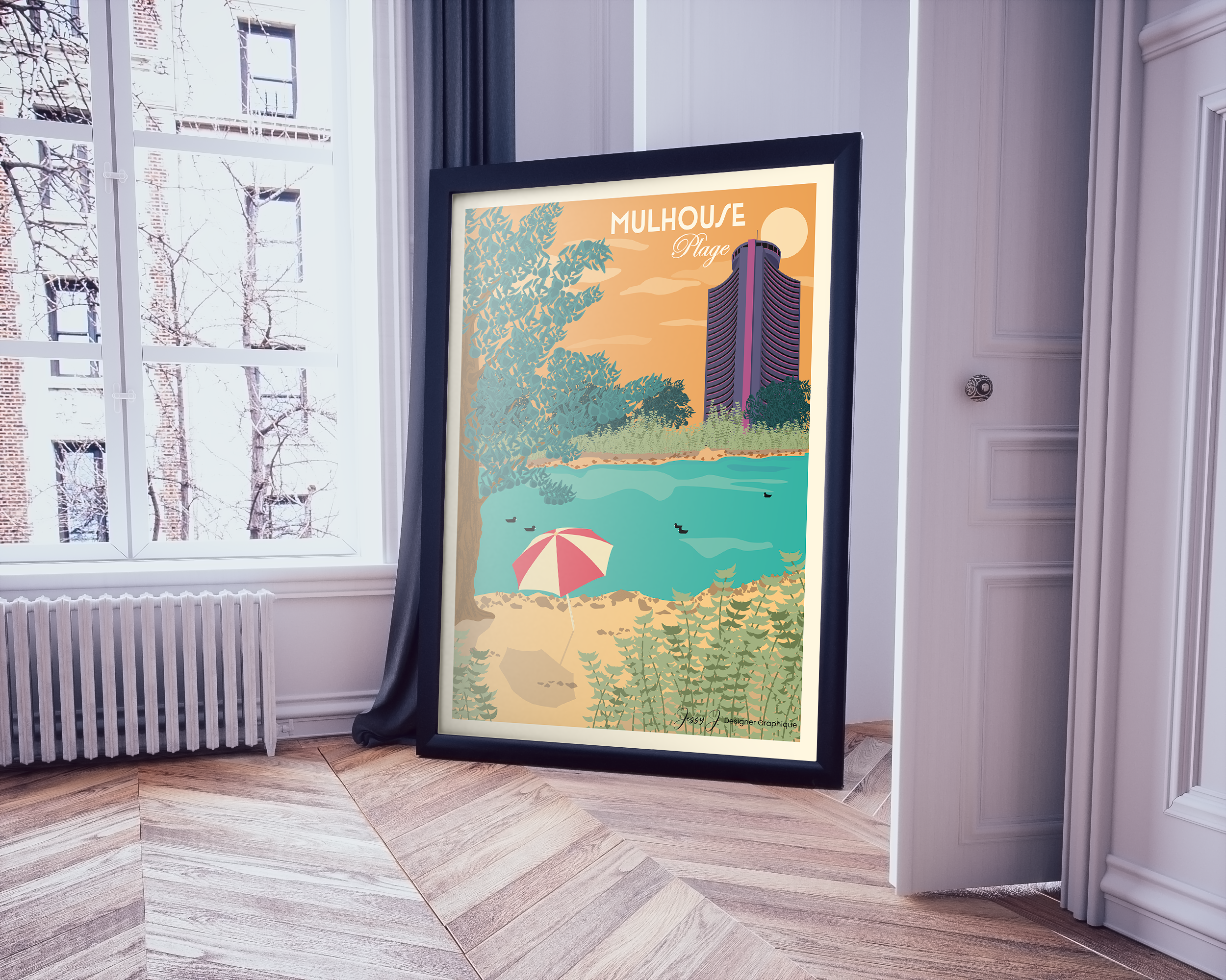 afffiche représentant mulhouse avec les Berges de l'Ill ainsi que la tour de l'europe sous un coucher de soleil dans un style vintage